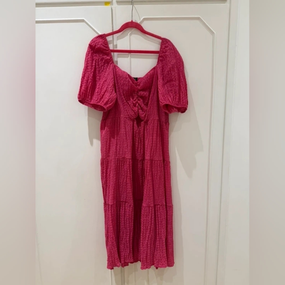 Hot Pink Ruched Puff Sleeve Dress